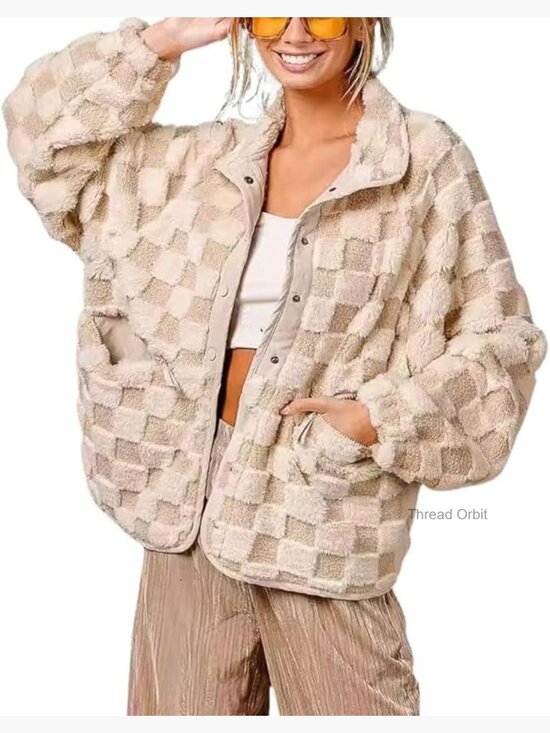 Jackets & Blazers - Oversized Sherpa Fleece Jacket with Checkered Pattern, Faux Fur Winter Coat